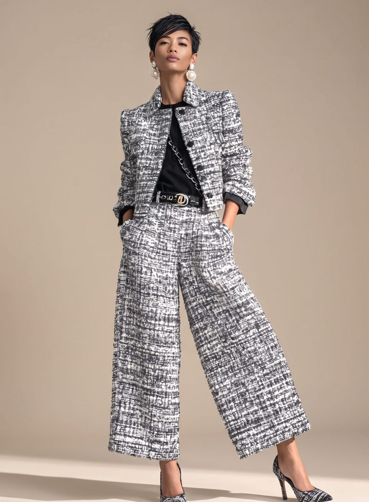 Women's Tweed Two-Piece Wide-Leg Cropped Pants Blazer Set - Gray