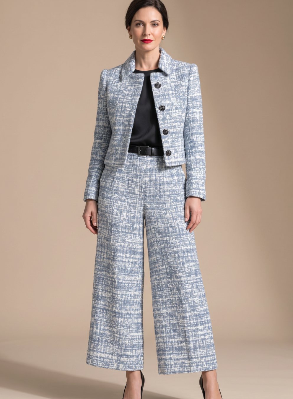 Women's Tweed Two-Piece Wide-Leg Cropped Pants Blazer Set - Blue