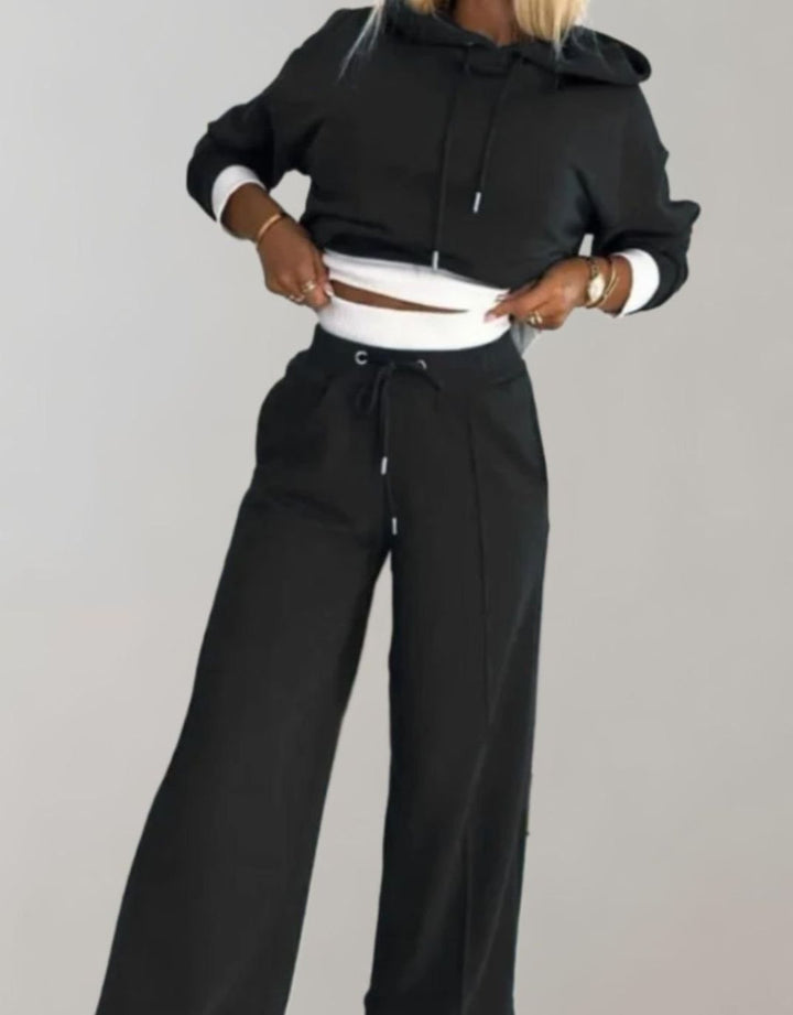 Women's Two-Piece Cropped Hoodie Wide-Leg Tracksuit Pants Set - Black