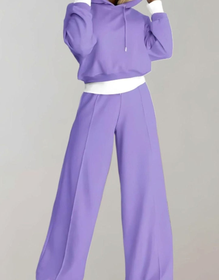 Women's Two-Piece Cropped Hoodie Wide-Leg Tracksuit Pants Set - Purple
