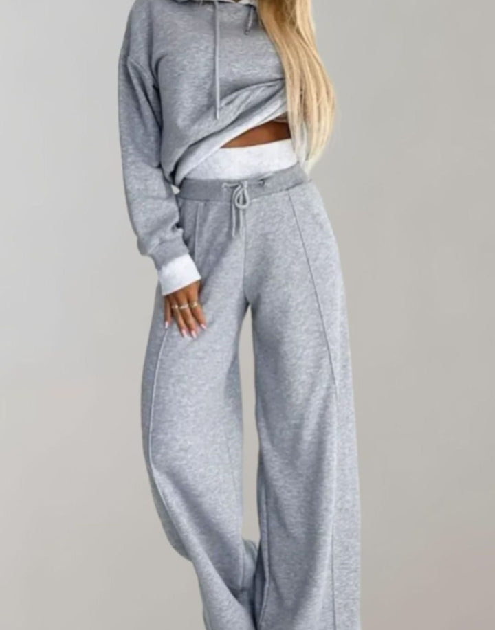 Women's Two-Piece Cropped Hoodie Wide-Leg Tracksuit Pants Set - Grey