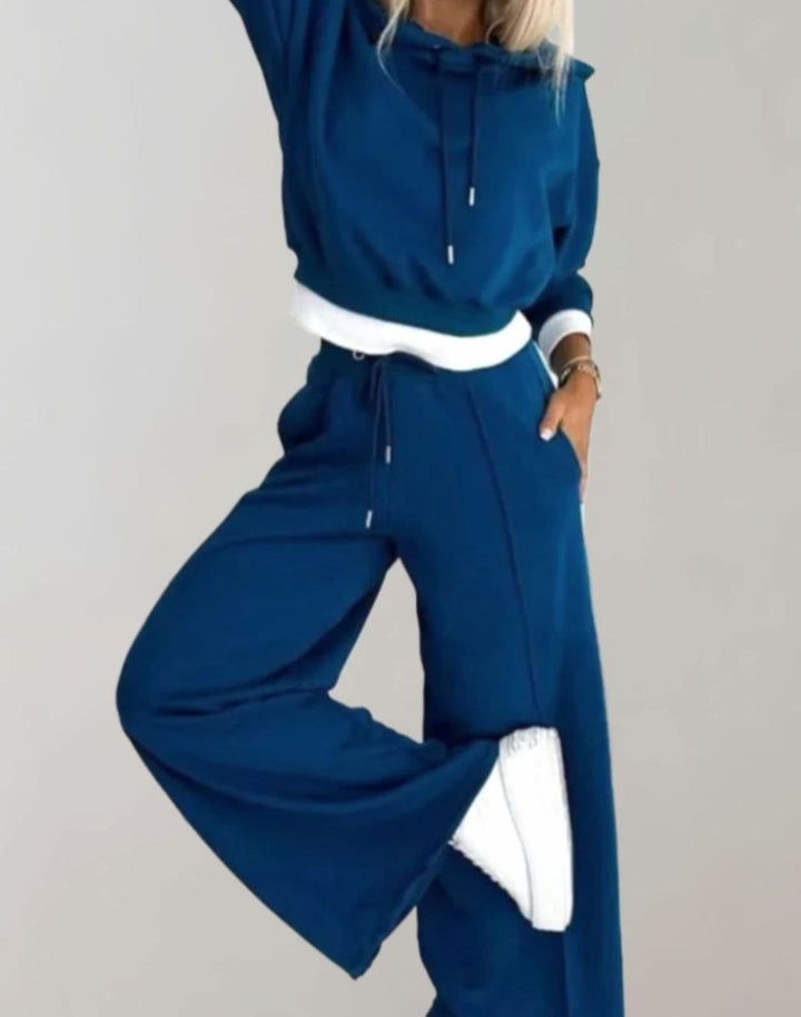 Women's Two-Piece Cropped Hoodie Wide-Leg Tracksuit Pants Set - Blue