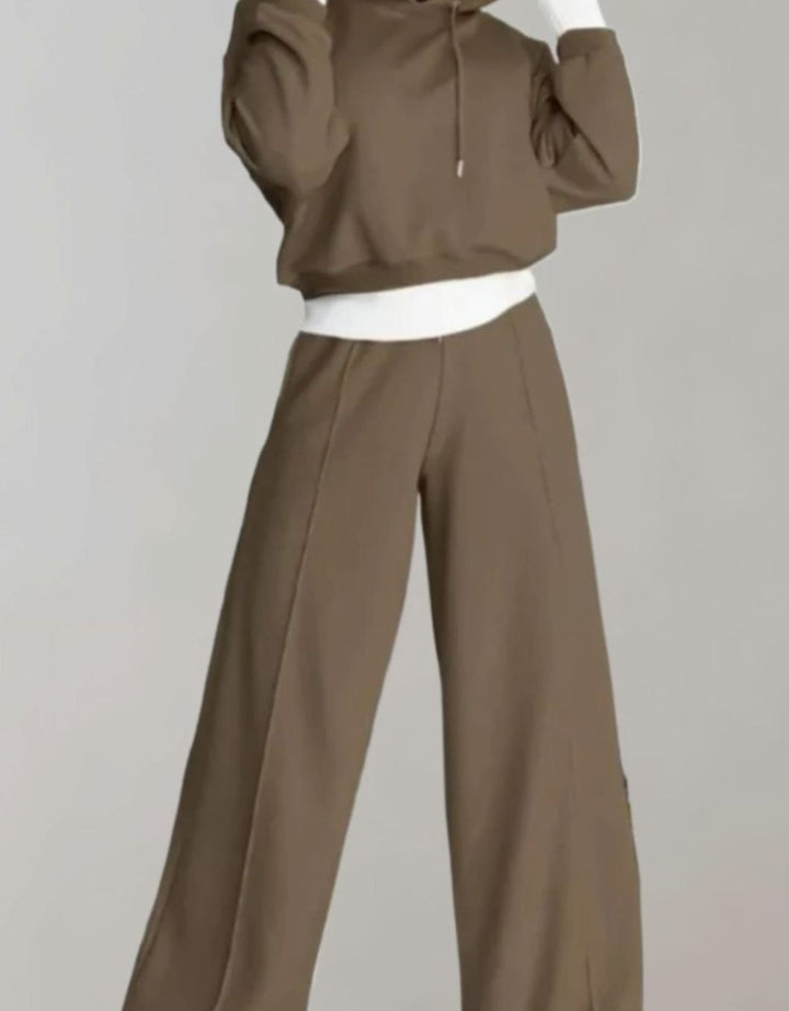 Women's Two-Piece Cropped Hoodie Wide-Leg Tracksuit Pants Set - Brown
