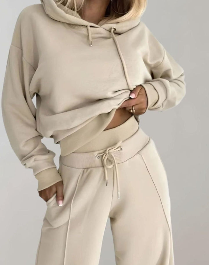 Women's Two-Piece Cropped Hoodie Wide-Leg Tracksuit Pants Set - Beige