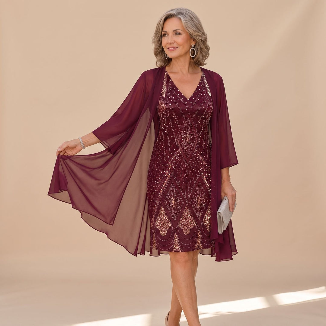 Women's Two Piece Formal Dress Sequin Chiffon Overlay Gown - Burgundy