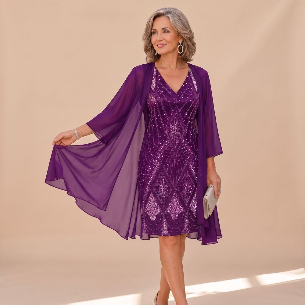Women's Two Piece Formal Dress Sequin Chiffon Overlay Gown - Purple
