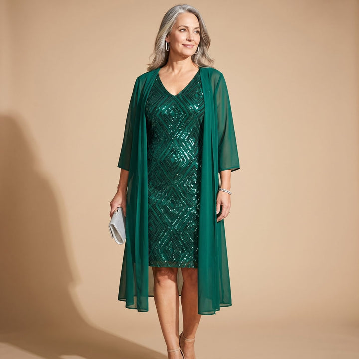 Women's Two Piece Formal Dress Sequin Chiffon Overlay Gown - Green