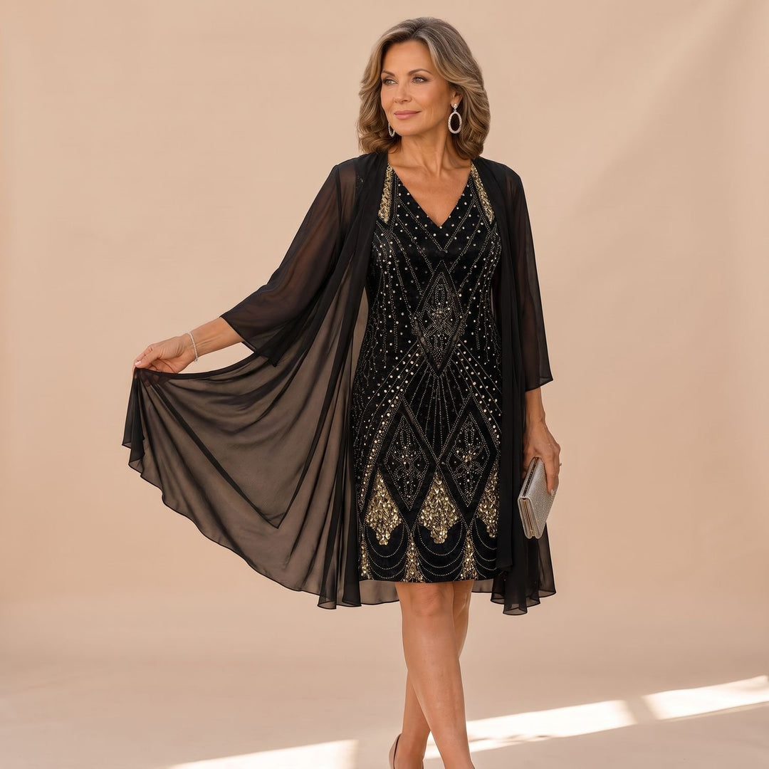 Women's Two Piece Formal Dress Sequin Chiffon Overlay Gown - Black