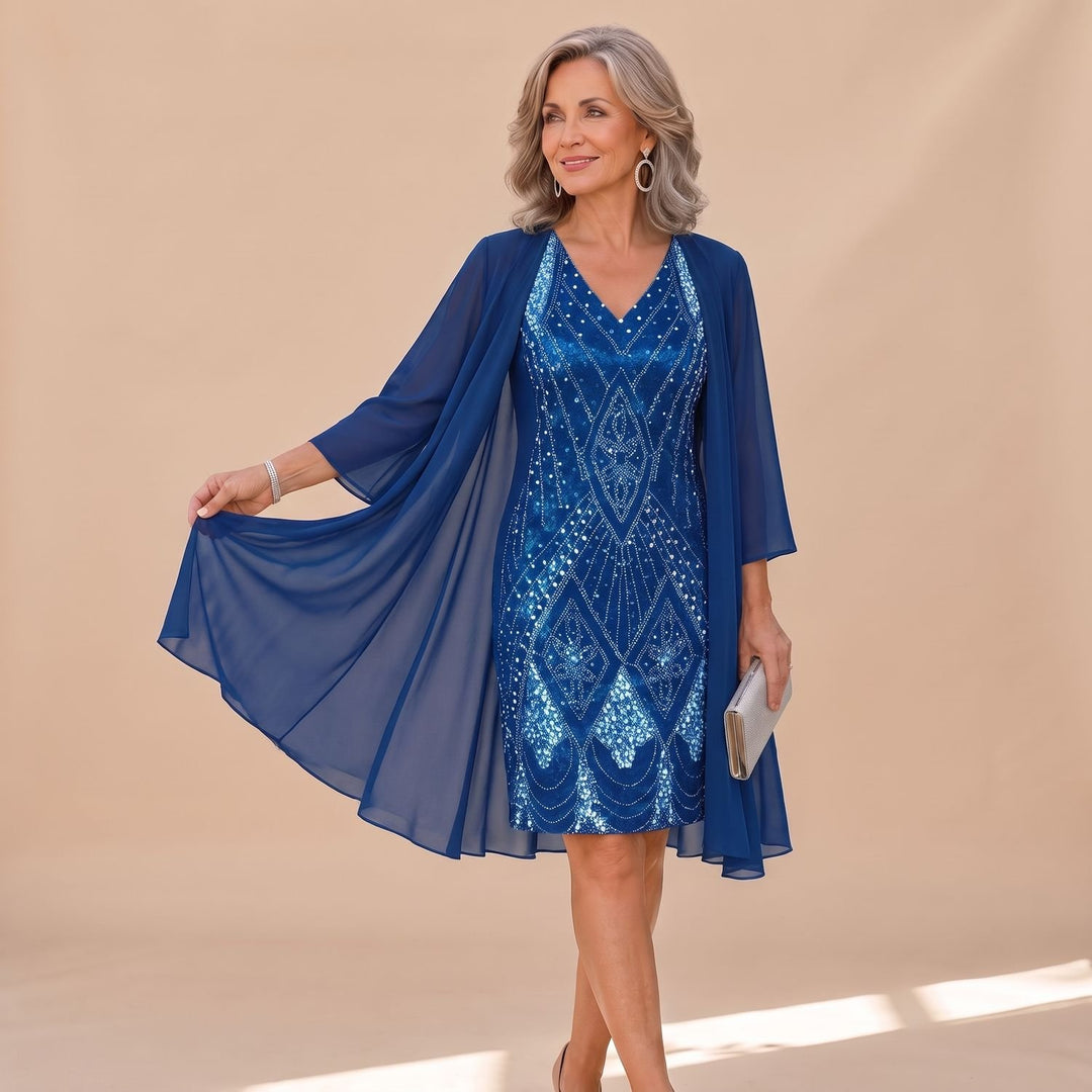 Women's Two Piece Formal Dress Sequin Chiffon Overlay Gown - Blue