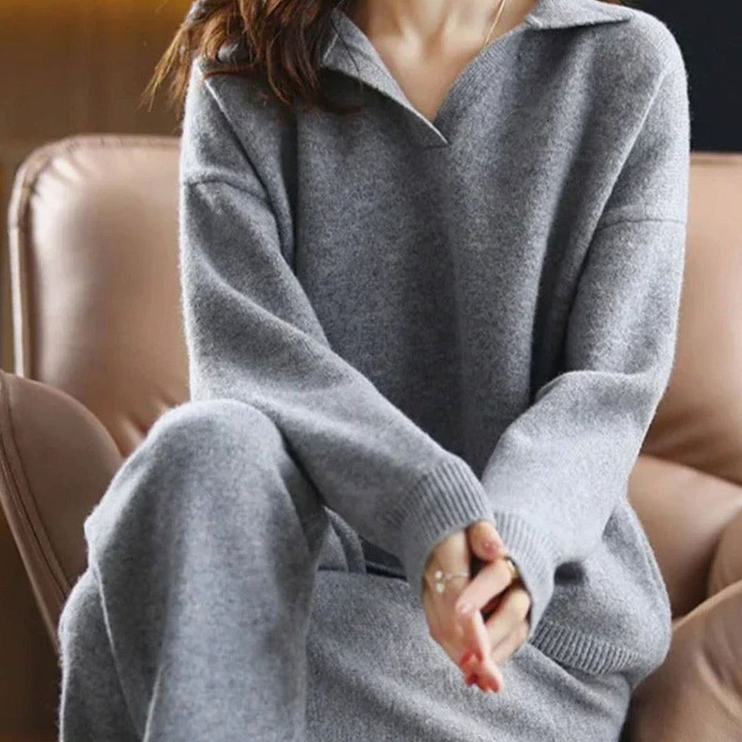 Women's Two-Piece Knit Lounge Outfit Set Relaxed Sweater Pants - Gray
