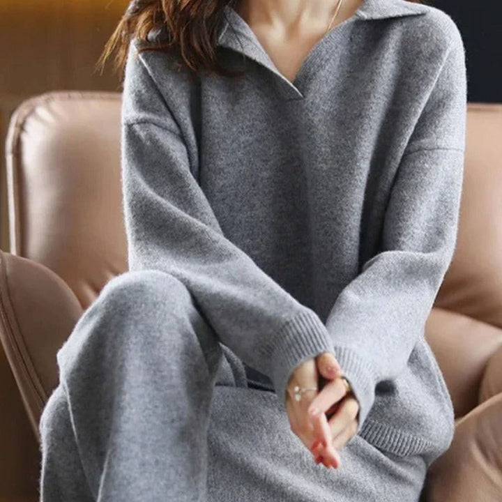 Women's Two-Piece Knit Lounge Outfit Set Relaxed Sweater Pants - Gray