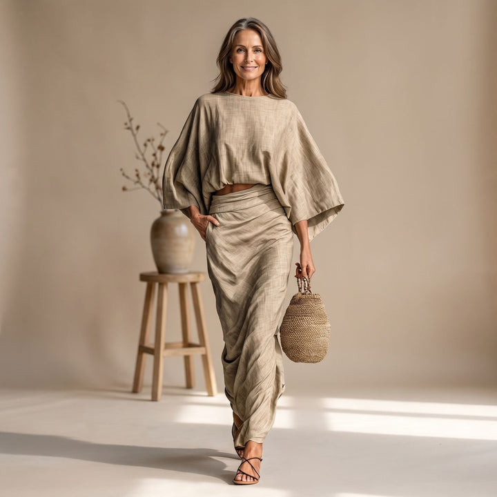 Women's Two Piece Set Batwing Sleeve Top Ruched Maxi Skirt - Khaki