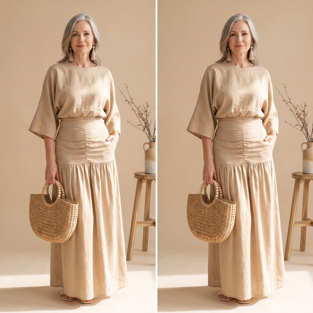 Women's Two Piece Set Batwing Sleeve Top Ruched Maxi Skirt