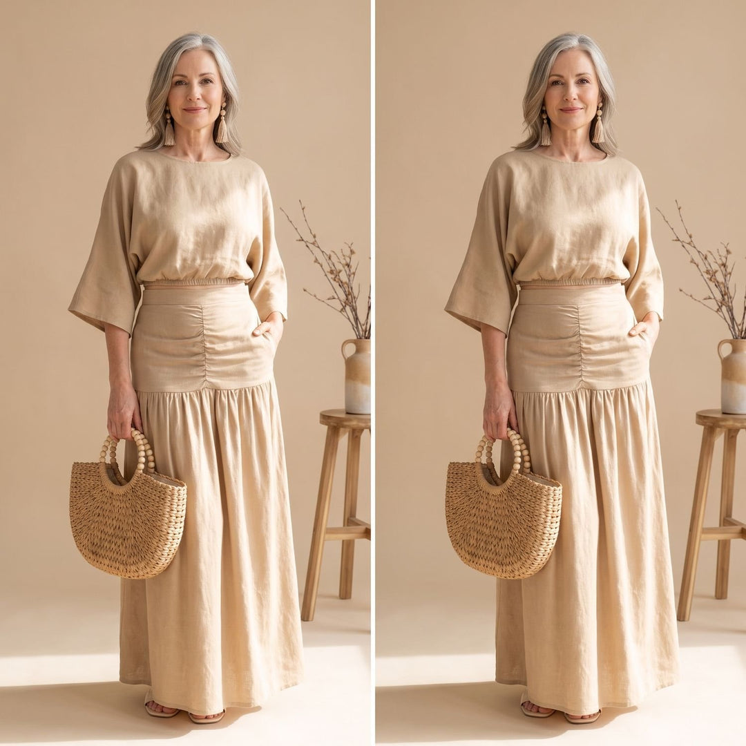 Women's Two Piece Set Batwing Sleeve Top Ruched Maxi Skirt