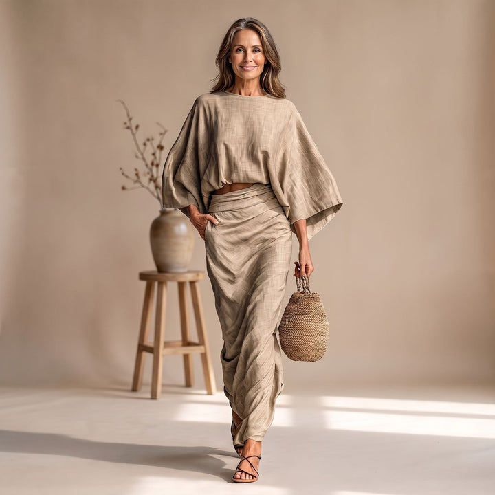 Women's Two Piece Set Batwing Sleeve Top Ruched Maxi Skirt