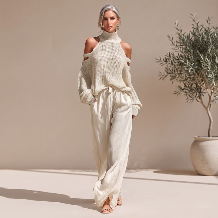 Women's Two Piece Set Cold-Shoulder Turtleneck Sweater Wide-Leg Pants - Beige