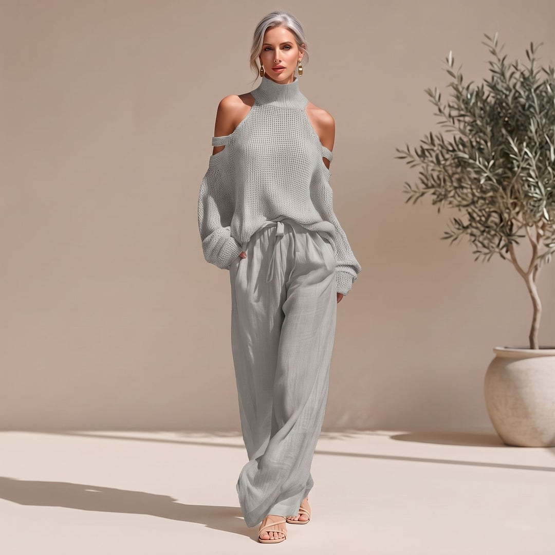 Women's Two Piece Set Cold-Shoulder Turtleneck Sweater Wide-Leg Pants - Gray