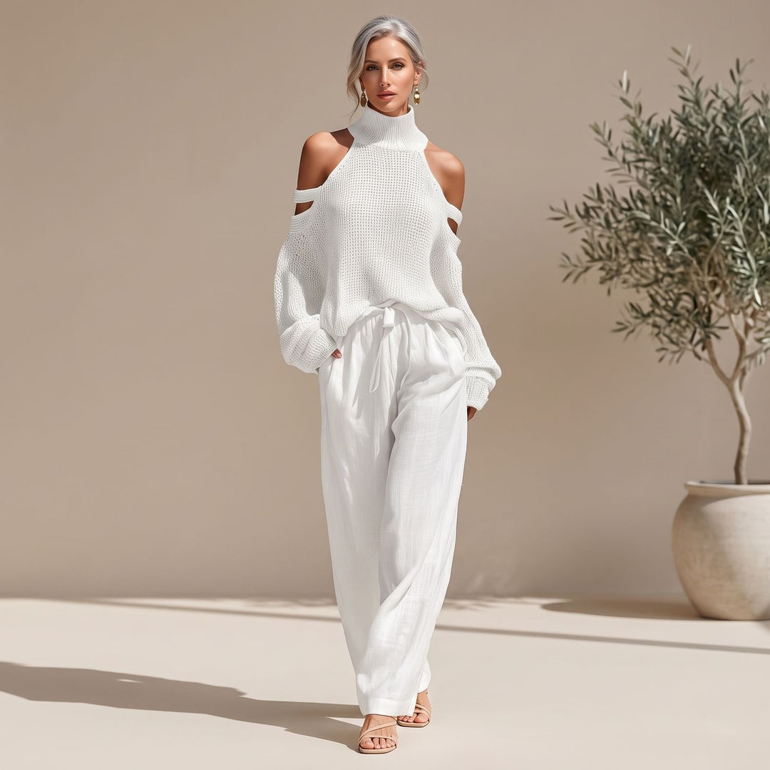 Women's Two Piece Set Cold-Shoulder Turtleneck Sweater Wide-Leg Pants - White