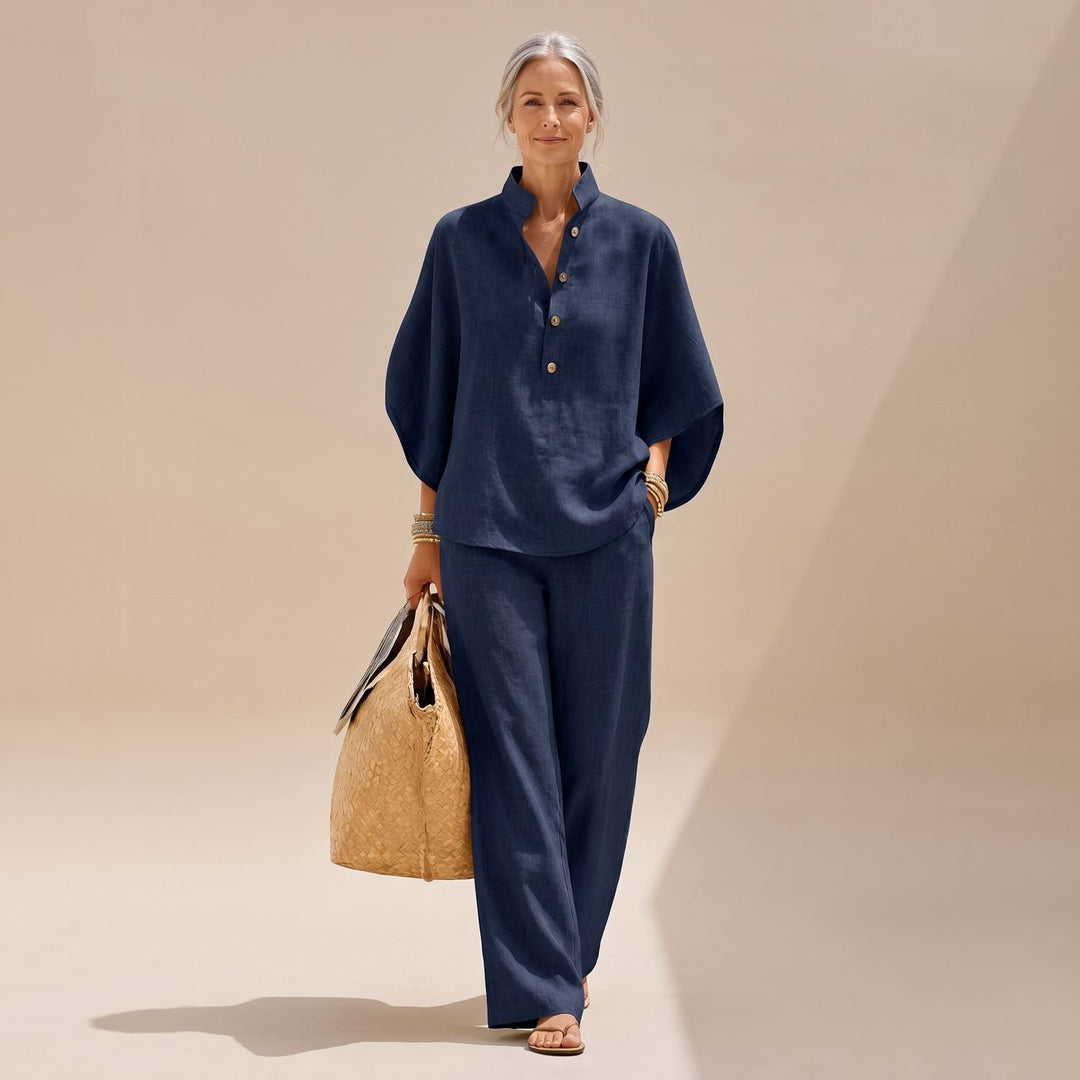 Women's Two Piece Set Linen-Look Palazzo Co-Ord Shirt Pants - Navy Blue
