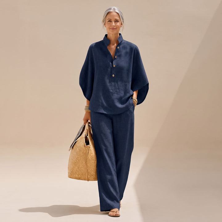 Women's Two Piece Set Linen-Look Palazzo Co-Ord Shirt Pants - Navy Blue