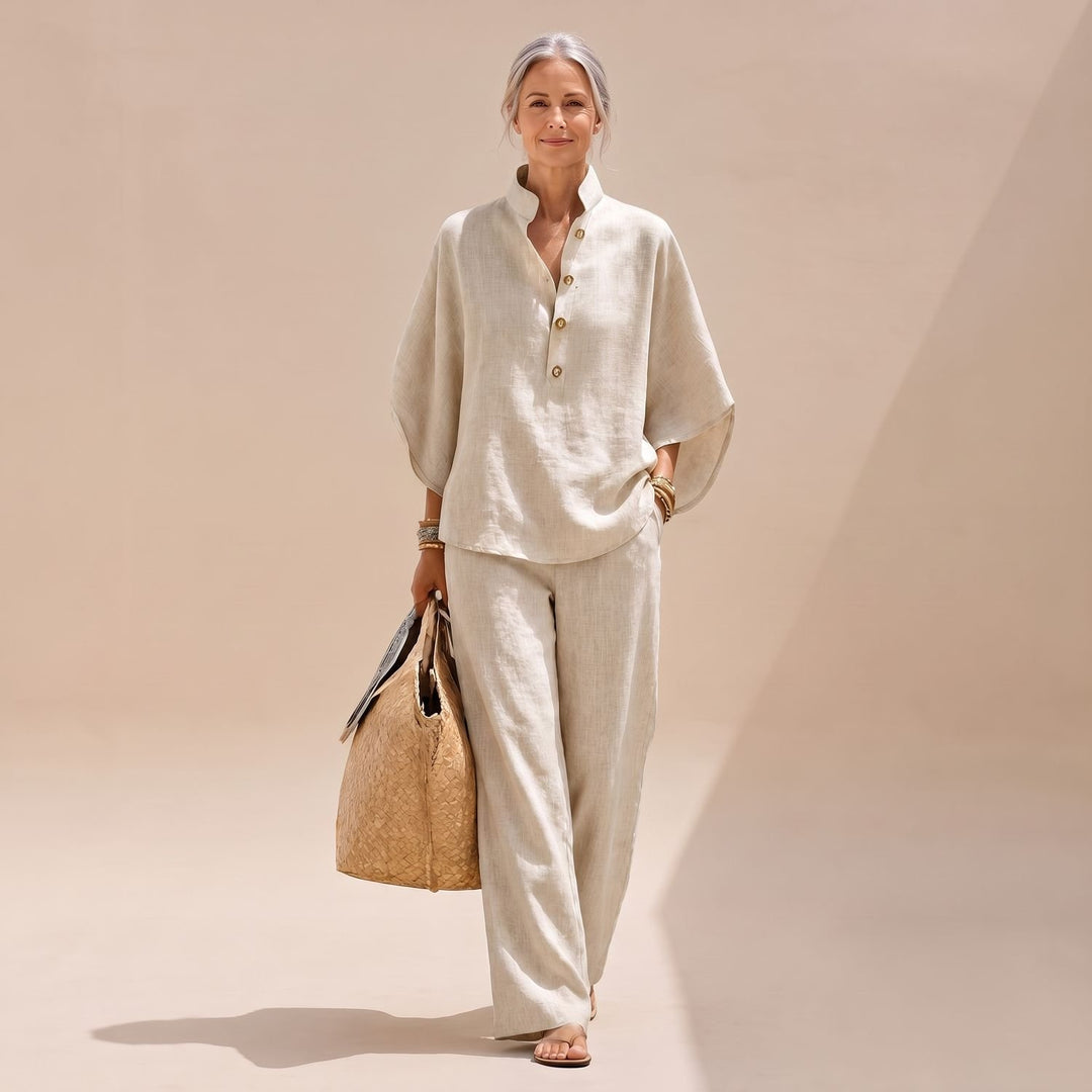 Women's Two Piece Set Linen-Look Palazzo Co-Ord Shirt Pants - Cream