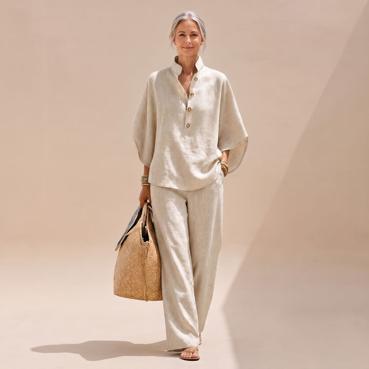 Women's Two Piece Set Linen-Look Palazzo Co-Ord Shirt Pants - Cream