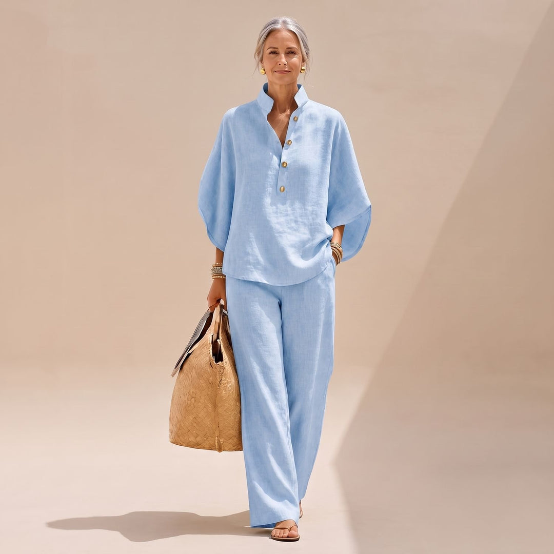 Women's Two Piece Set Linen-Look Palazzo Co-Ord Shirt Pants - Sky Blue