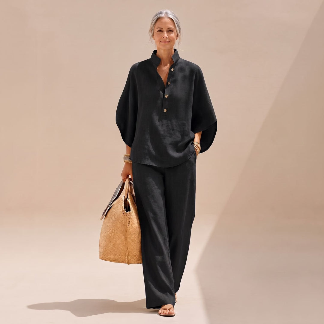 Women's Two Piece Set Linen-Look Palazzo Co-Ord Shirt Pants - Black
