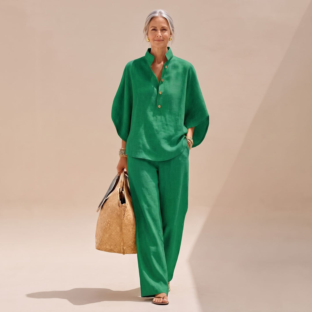 Women's Two Piece Set Linen-Look Palazzo Co-Ord Shirt Pants - Emerald Green