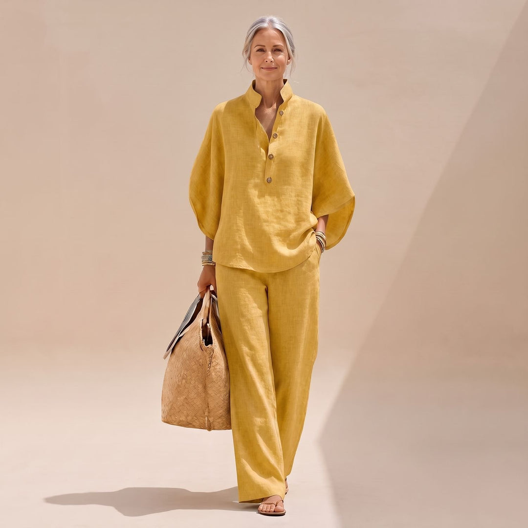 Women's Two Piece Set Linen-Look Palazzo Co-Ord Shirt Pants - Mustard Yellow