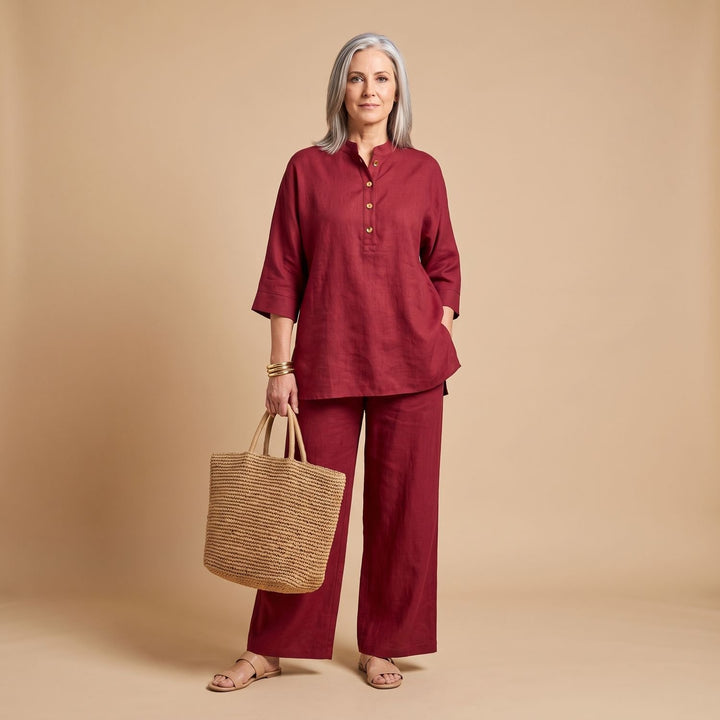 Women's Two Piece Set Linen-Look Palazzo Co-Ord Shirt Pants - Burgundy