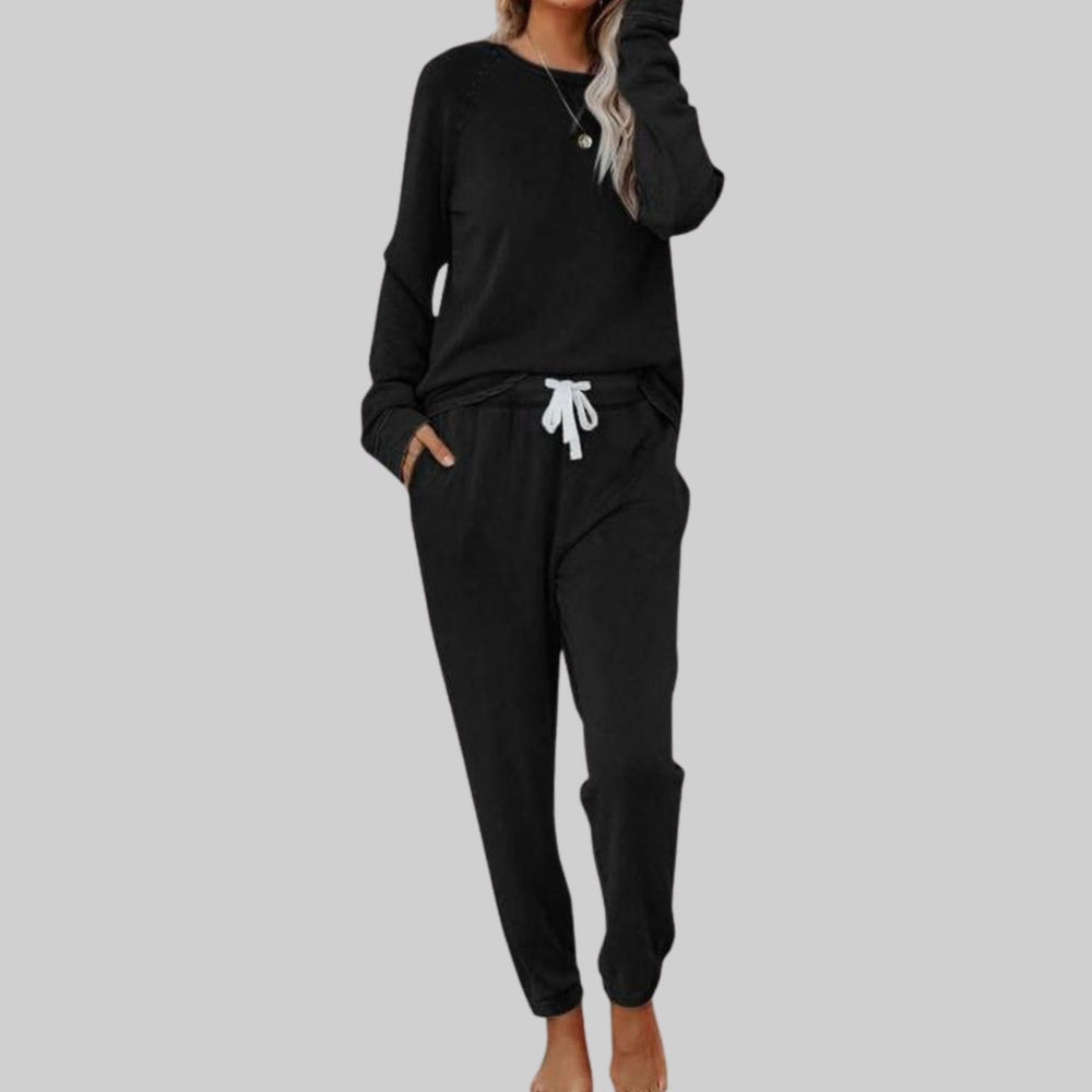 Women's Two Piece Set Long Sleeve Sweatshirt Jogger Lounge Set - Black