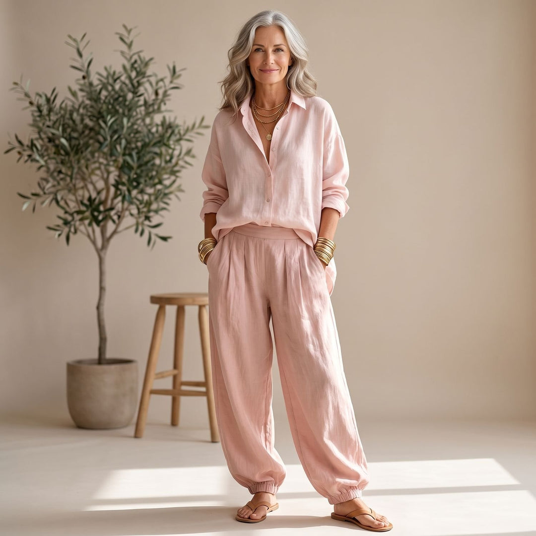 Women's Two Piece Set Loose Button Shirt Wide Leg Palazzo Pants - Pink