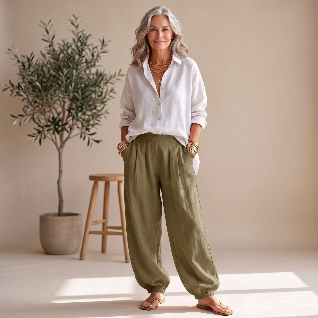 Women's Two Piece Set Loose Button Shirt Wide Leg Palazzo Pants - Olive Green