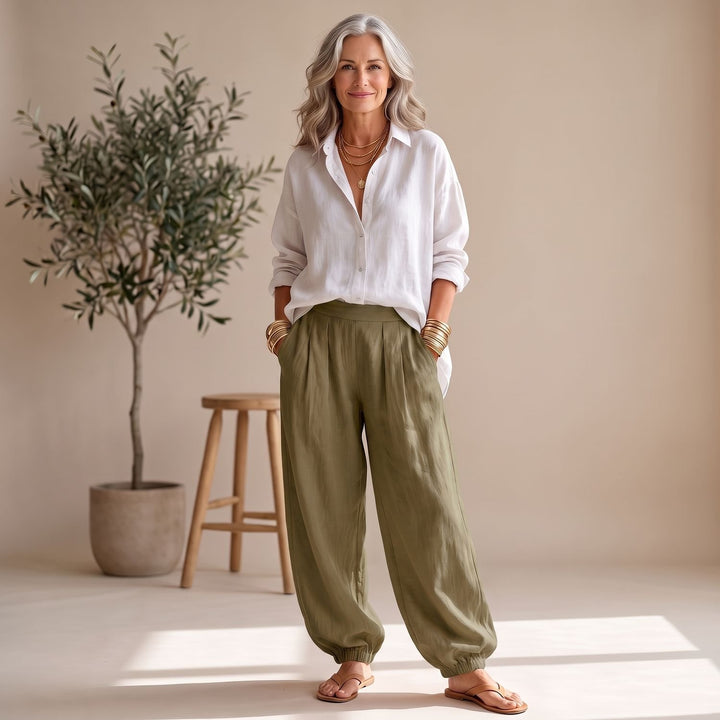 Women's Two Piece Set Loose Button Shirt Wide Leg Palazzo Pants - Olive Green