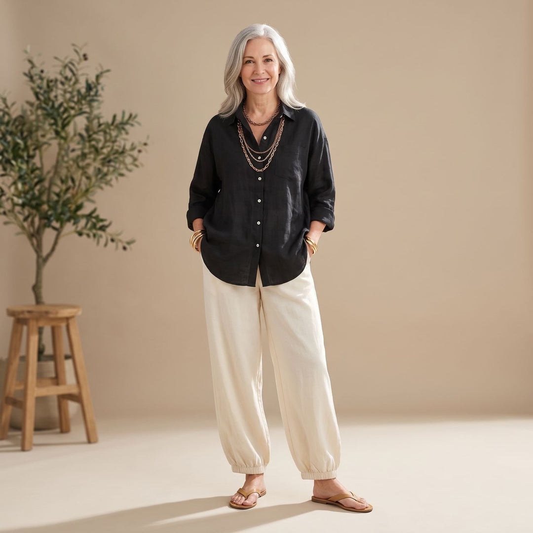 Women's Two Piece Set Loose Button Shirt Wide Leg Palazzo Pants - Black
