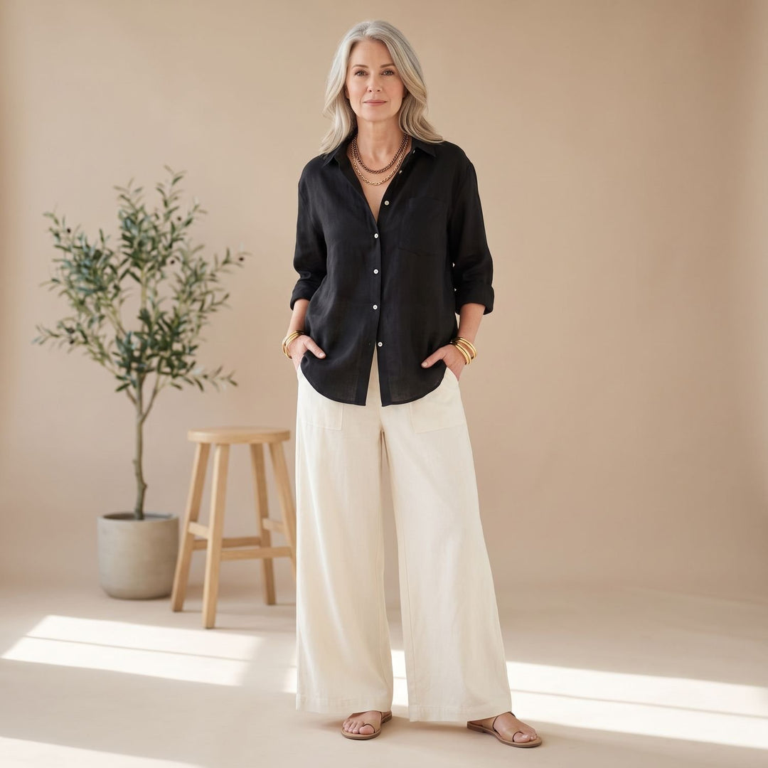 Women's Two Piece Set Loose Button Shirt Wide Leg Palazzo Pants