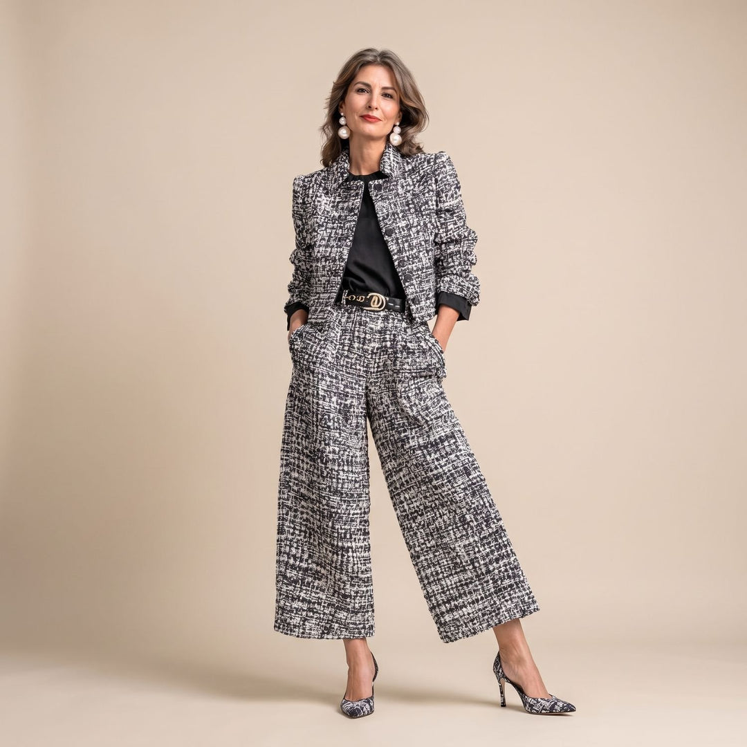 Women's Two Piece Set Tweed Cropped Jacket Wide-Leg Pants - Black