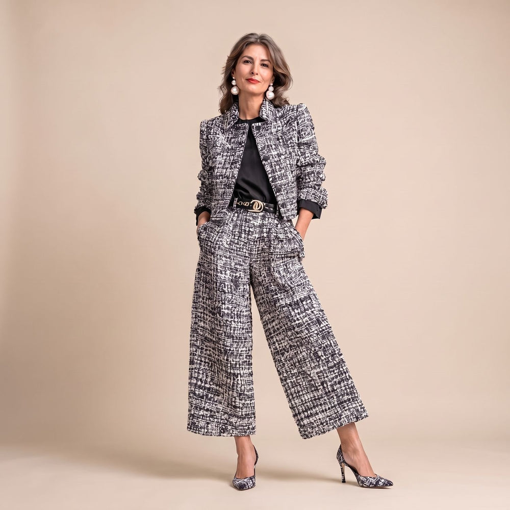 Women's Two Piece Set Tweed Cropped Jacket Wide-Leg Pants - Gray