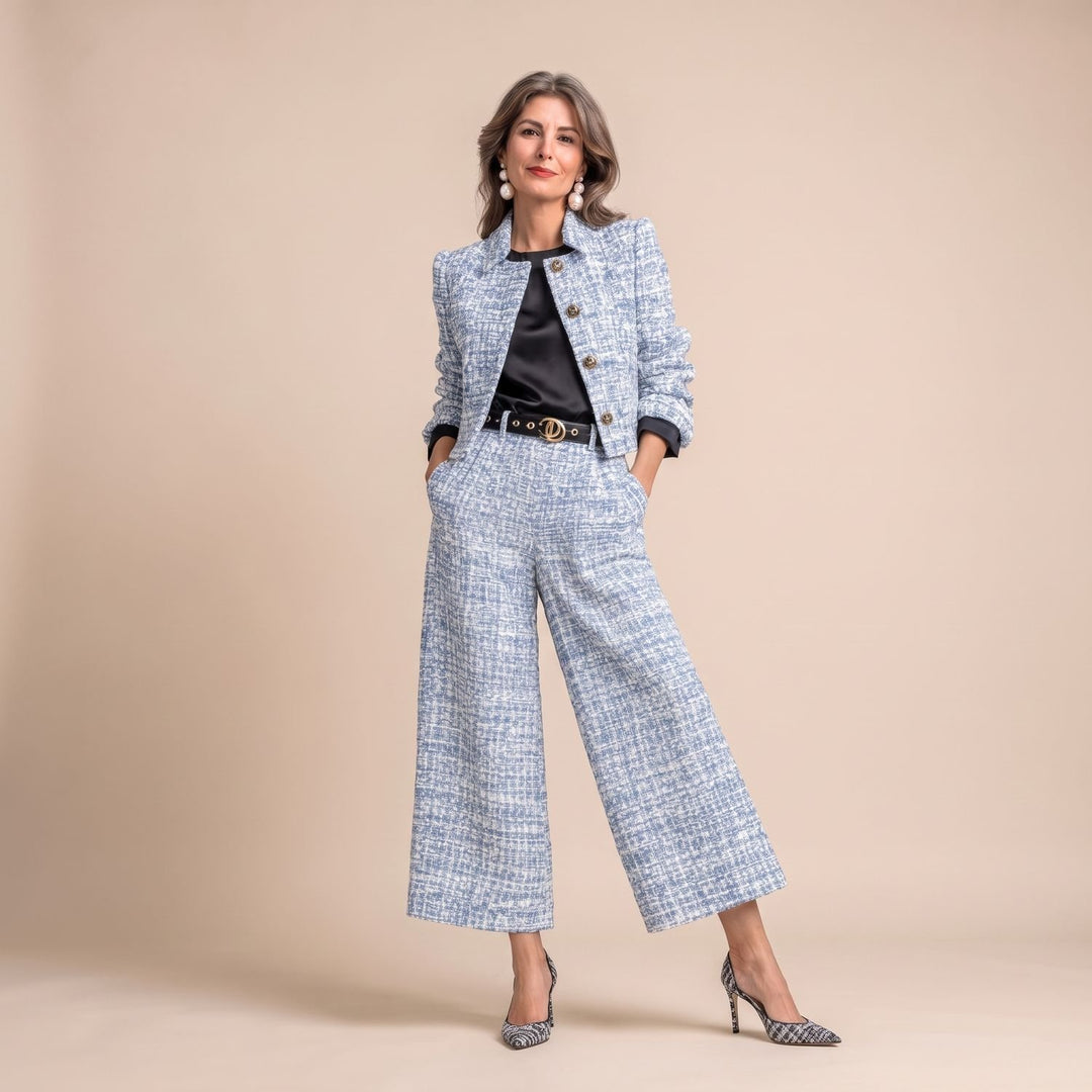 Women's Two Piece Set Tweed Cropped Jacket Wide-Leg Pants - Blue