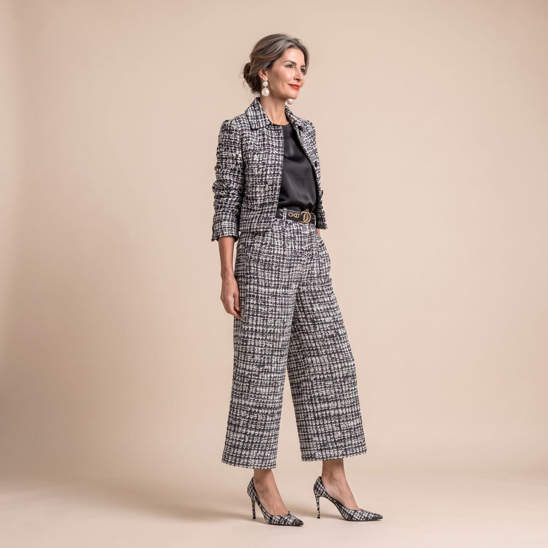 Women's Two Piece Set Tweed Cropped Jacket Wide-Leg Pants