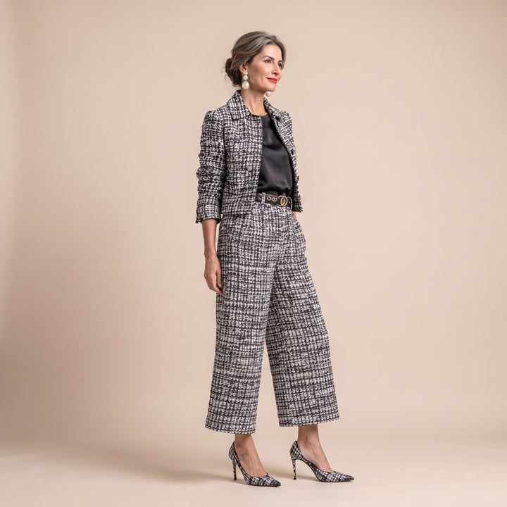 Women's Two Piece Set Tweed Cropped Jacket Wide-Leg Pants