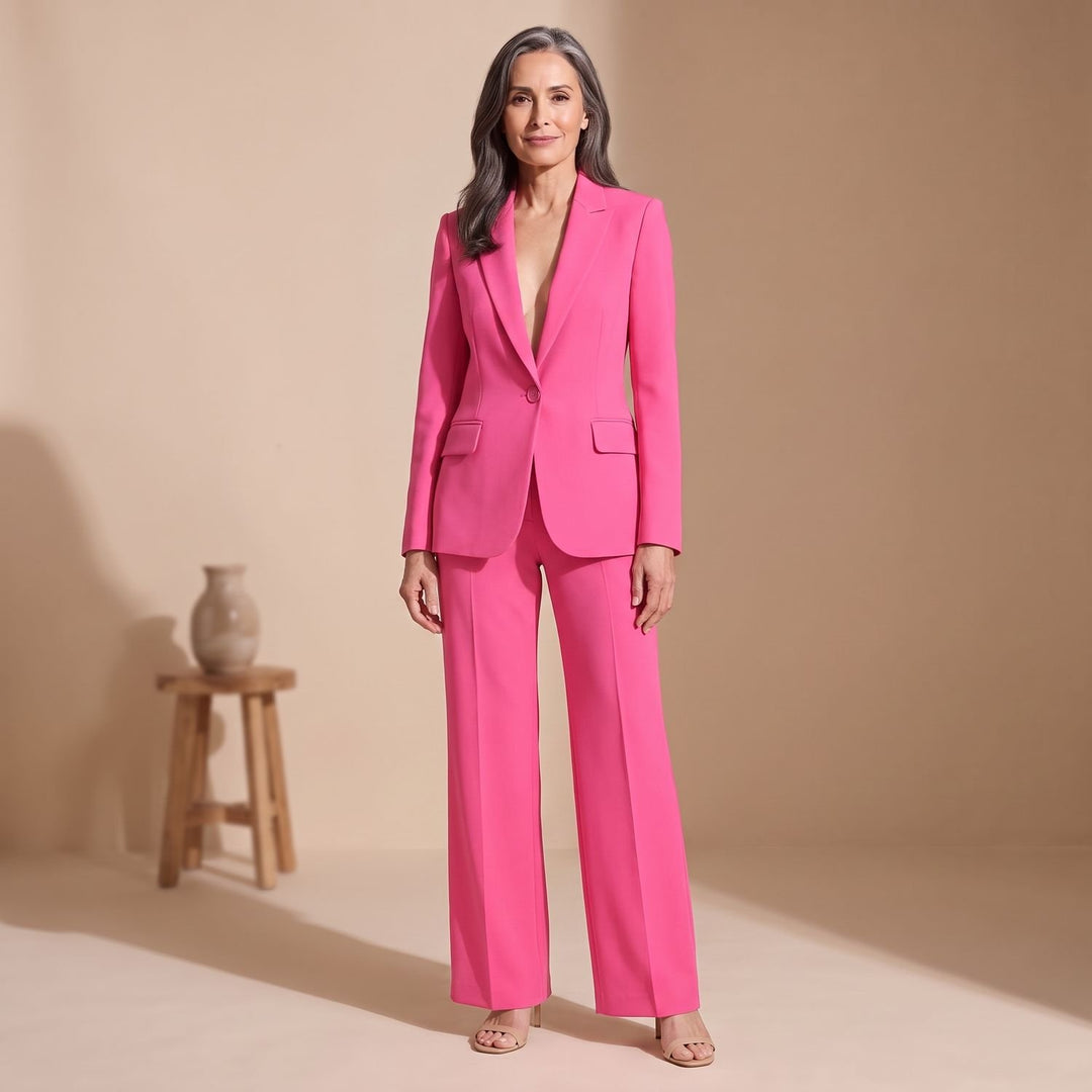 Women's Two Piece Set Woven Notched Lapel Blazer Straight-Leg Pants Suit - Pink