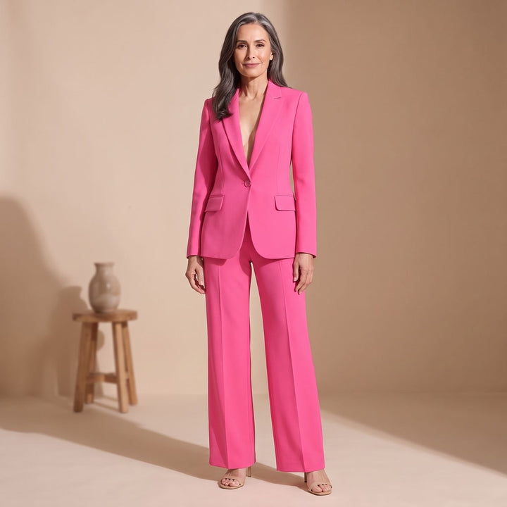 Women's Two Piece Set Woven Notched Lapel Blazer Straight-Leg Pants Suit - Pink