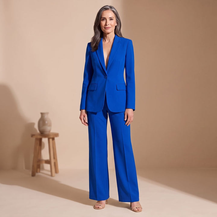 Women's Two Piece Set Woven Notched Lapel Blazer Straight-Leg Pants Suit - Blue