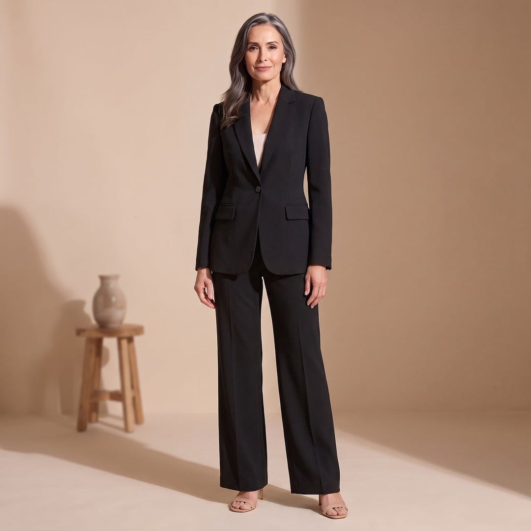 Women's Two Piece Set Woven Notched Lapel Blazer Straight-Leg Pants Suit - Black