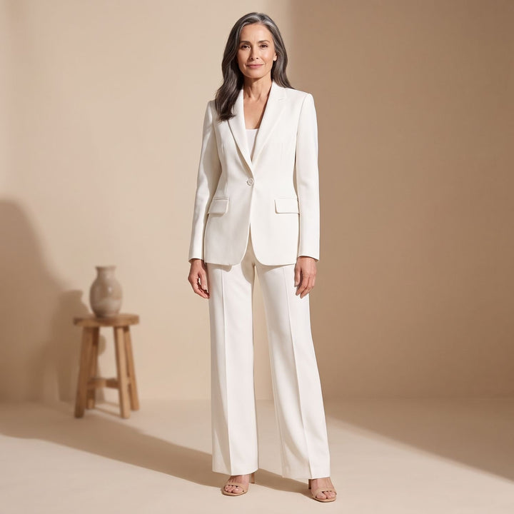 Women's Two Piece Set Woven Notched Lapel Blazer Straight-Leg Pants Suit - White
