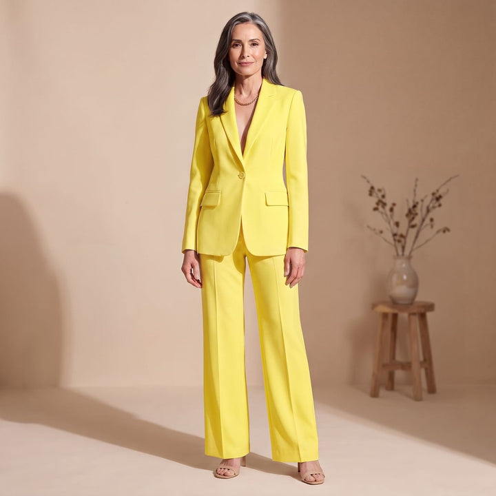 Women's Two Piece Set Woven Notched Lapel Blazer Straight-Leg Pants Suit - Yellow