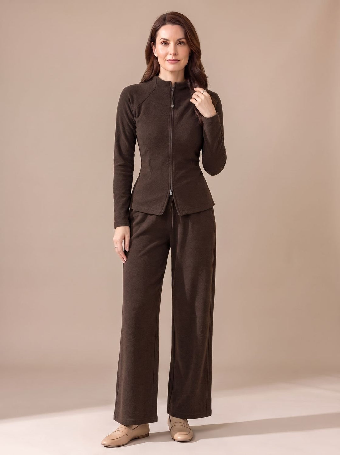 Women's Two-Piece Zip-Front Wide-Leg Knit Matching Set - Brown