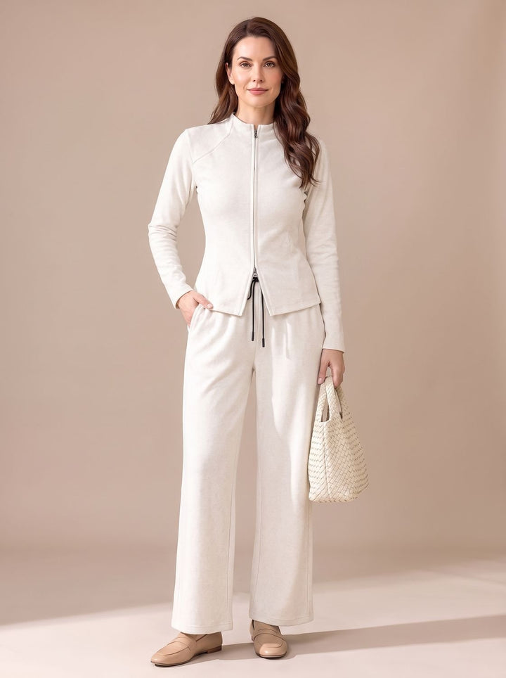Women's Two-Piece Zip-Front Wide-Leg Knit Matching Set - White